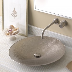 Maestro Madala Round Vessel Sink California Faucets' Avalon single handle wall faucet paired with the Maestro Mandala