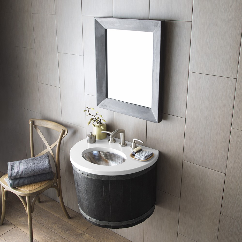 Bordeaux Anvil Suite Bordeaux in Anvil reclaimed wine barrel vanity, Baby Classic in Brushed Nickel recycled copper bathroom sink and Portola in Ash sustainable concrete jute blend NativeStone mirror by Native Trails.