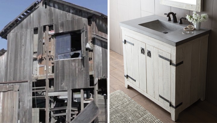 Old wood structures of the past can be given a new life, such as a dilapidated barn that is artistically transformed into bath furniture. 