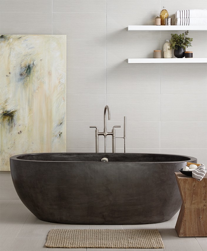 Asilomar Contemporary Floor Mount Tub Filler by California Faucets with Avalon 72 concrete bathtub in Slate.