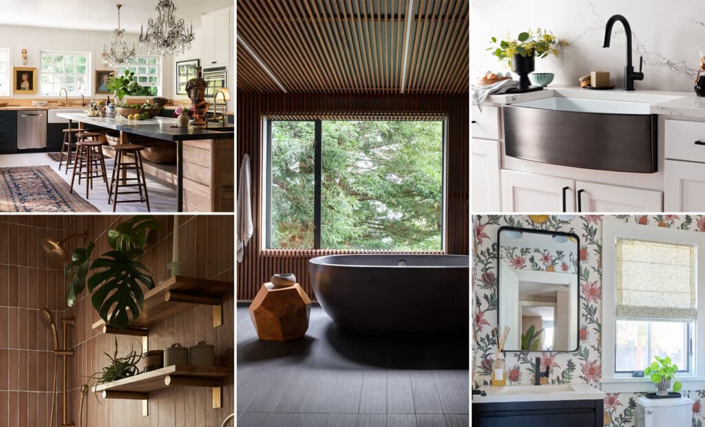Photo montage of 2023's most exciting kitchen and bath trends, including a wellness style bathroom with a concrete NativeStone bathtub and rust colored tile.