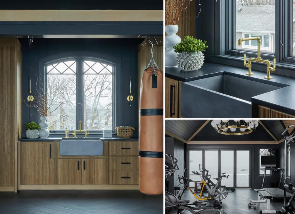 A home gym gets a luxurious redesign and features a concrete Farmhouse Sink in Native Stone, with high-end brass finishes. 
