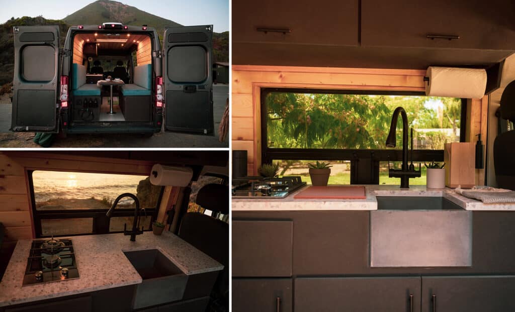 A Ram ProMaster van gets a total re-design to create a boutique living space for a luxurious, off-the-grid experience. The van features a NativeStone concrete sink and images feature backdrops of the pacific ocean.