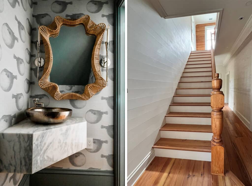 A tiny, under the stair nook is transformed into a powder room, which features a Native Trails Maestro Sonata sink in Brushed Nickel. The countertop is a gorgeous white and black swirled marble. 