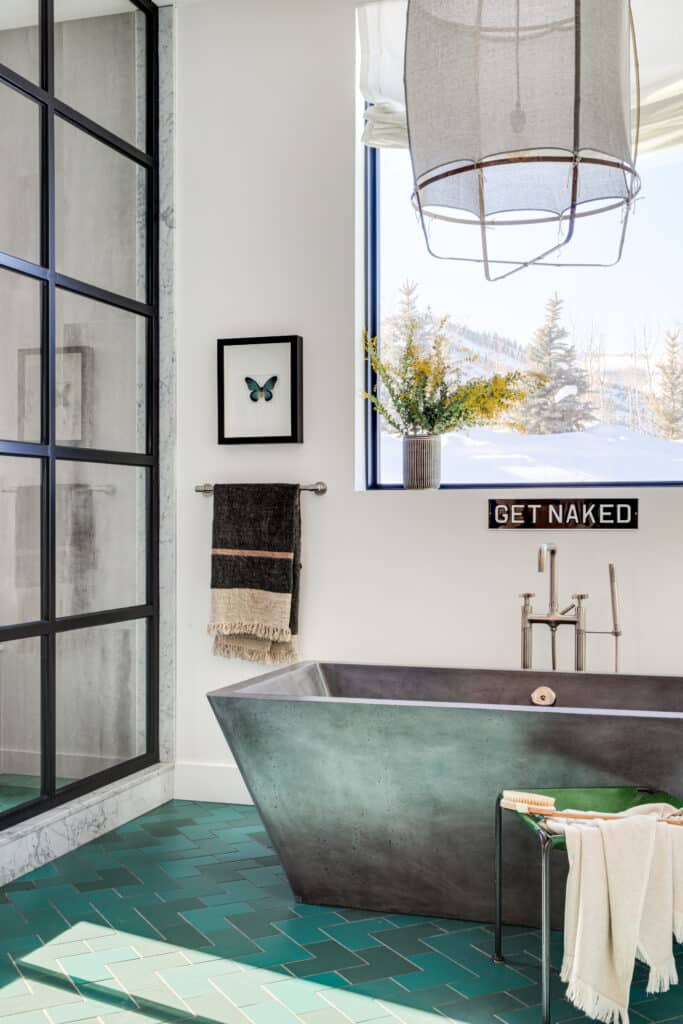 Colorful interior design featuring a Native Trails concrete bathtub