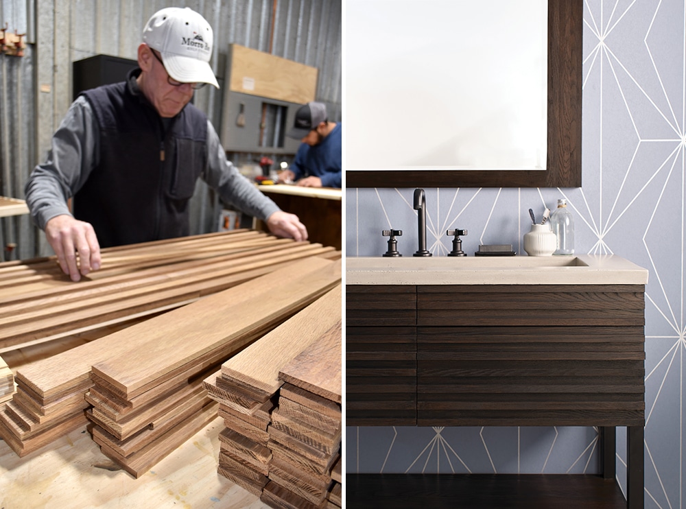 Bathroom furniture by Native Trails. Upcycled French and American white oak used to flavor wine are upcycled to create bespoke bathroom vanities and mirrors.