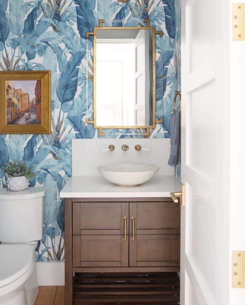 Bright blues and whites pair with a Native Trails Murano Glass sink to perfectly exemplify Amalficore