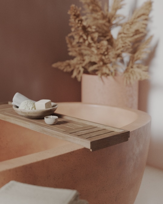 2026 interior design trends bath styling with Sonoma bathtub tray in cask oak