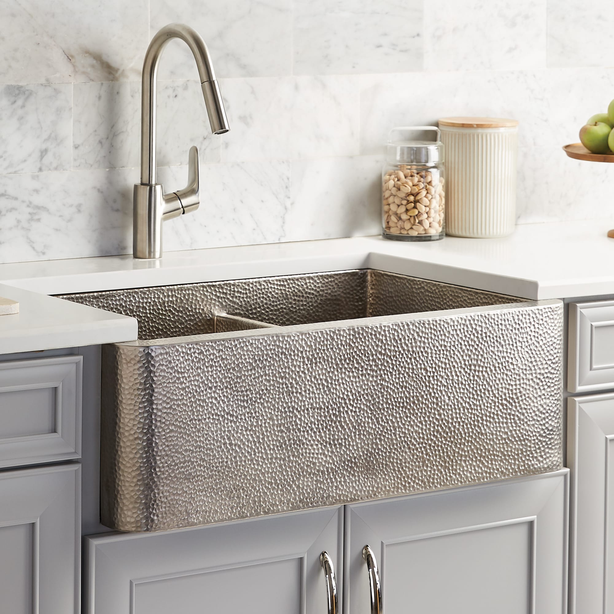 Native Trails Farmhouse Duet 33 Nickel Farmhouse Sink, 60/40 Double Bowl, Brushed Nickel, CPK576