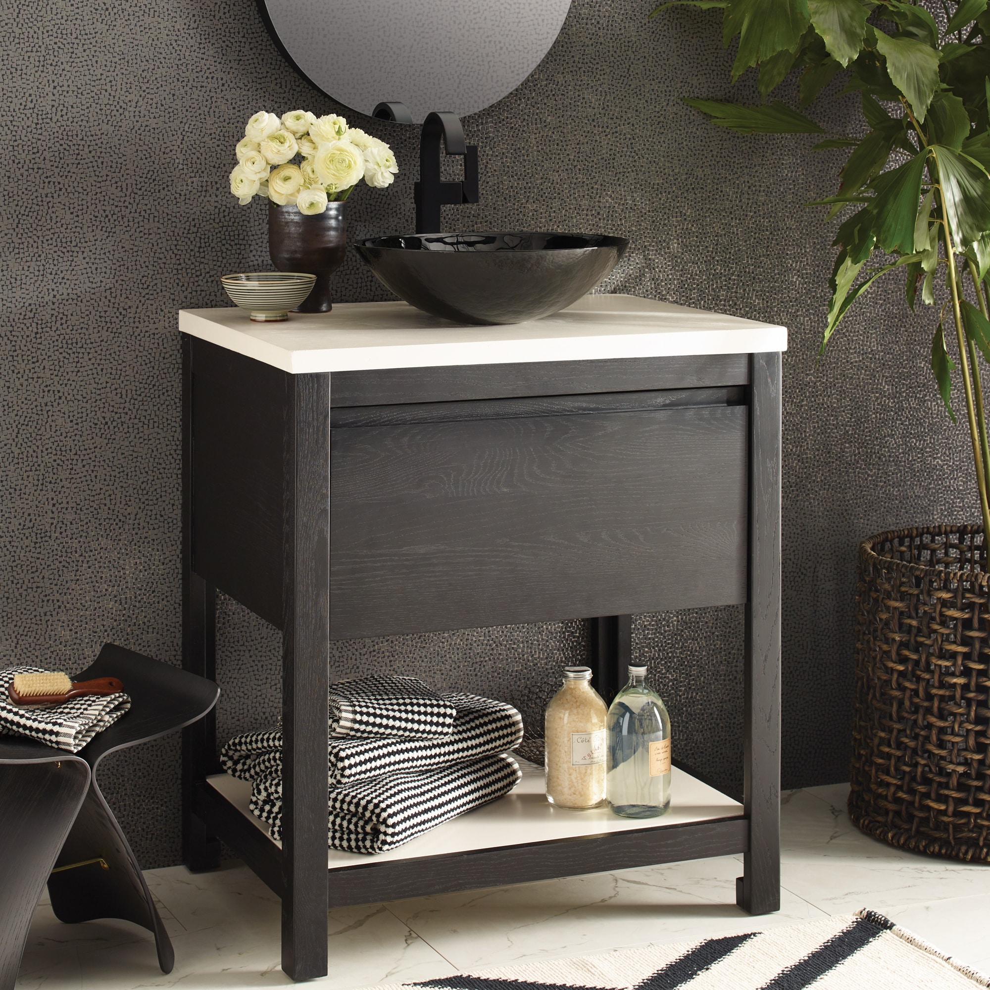 Native Trails 30 inch Solace Freestanding Vanity Base in Midnight Oak with Pearl Shelf, VNO308-P