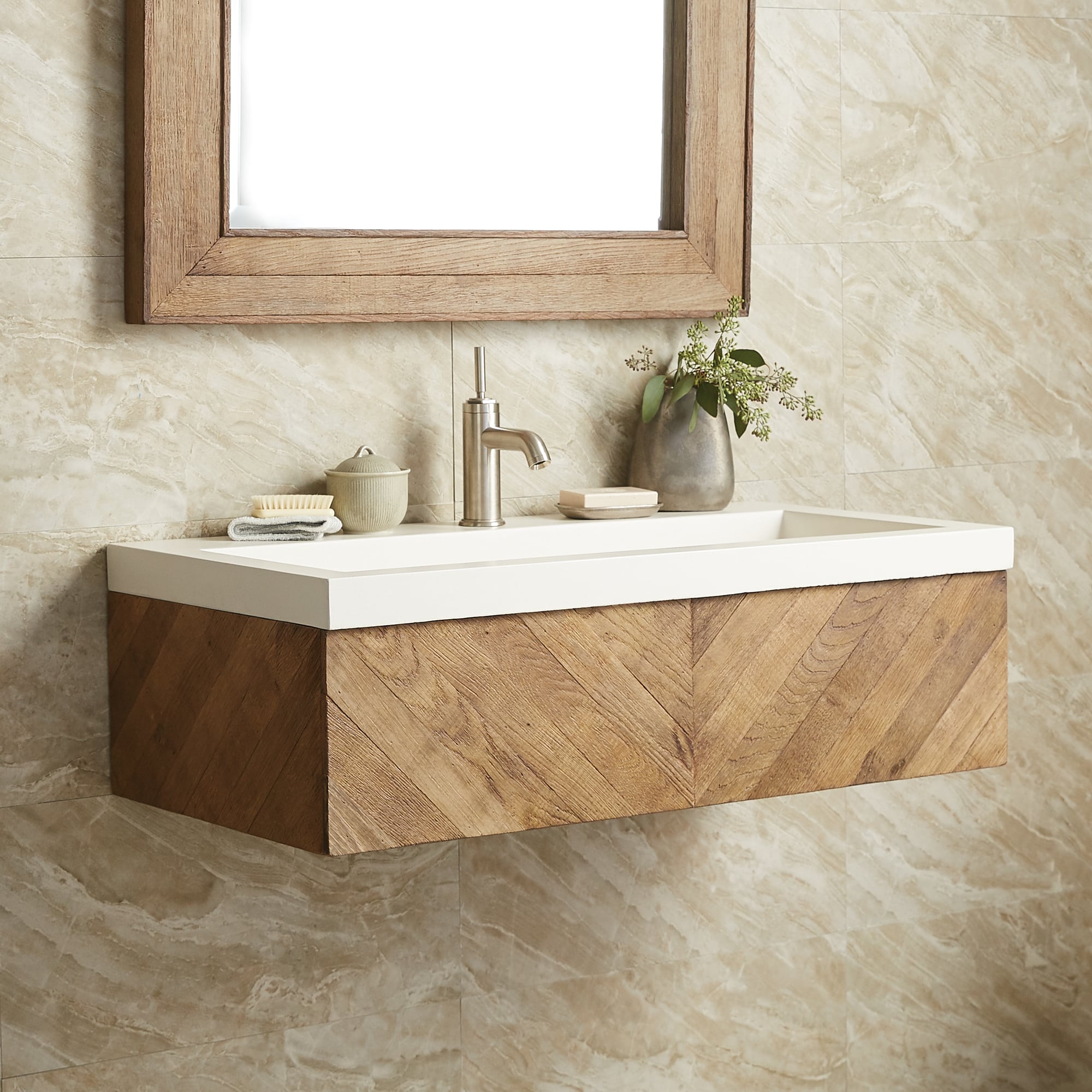 Native Trails 36 inch Chardonnay Floating Vanity with NativeStone Trough Sink in Pearl, VNW191-NSL3619-P