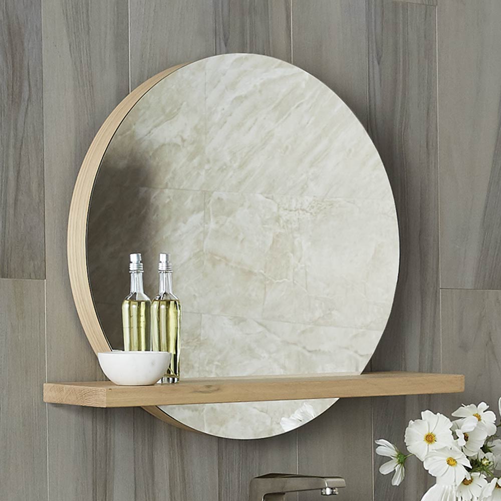 Solace Round Wall Mirror With Oak Frame, Oak Framed Bathroom Mirror With Shelf