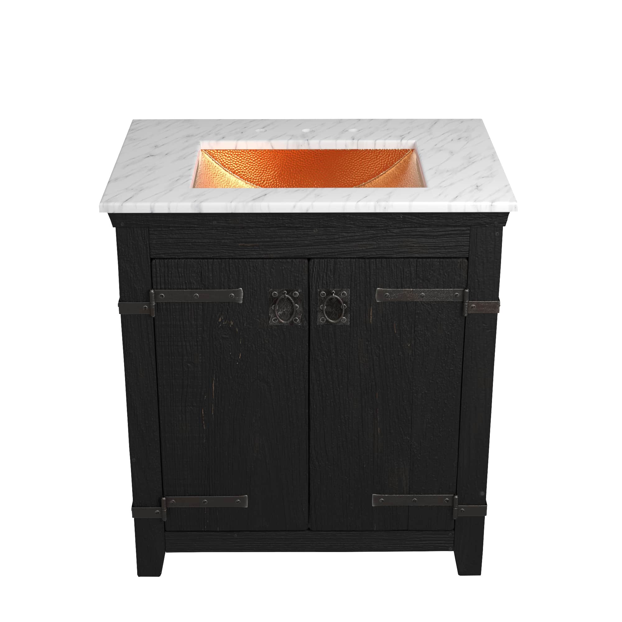 Native Trails 30" Americana Vanity in Anvil with Carrara Marble Top and Avila in Polished Copper, 8" Widespread Faucet Holes, BND30-VB-CT-CP-014
