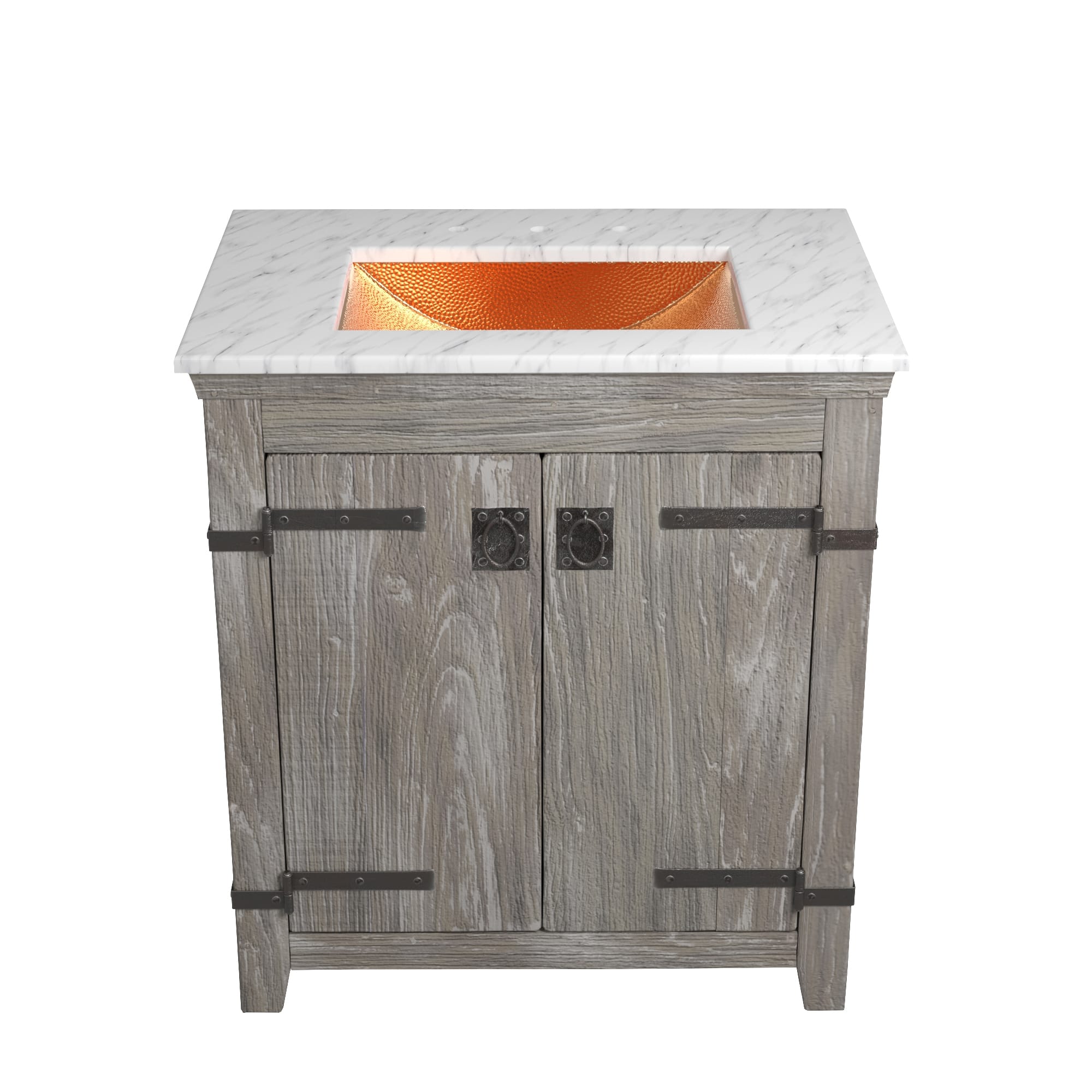 Native Trails 30" Americana Vanity in Driftwood with Carrara Marble Top and Avila in Polished Copper, 8" Widespread Faucet Holes, BND30-VB-CT-CP-016