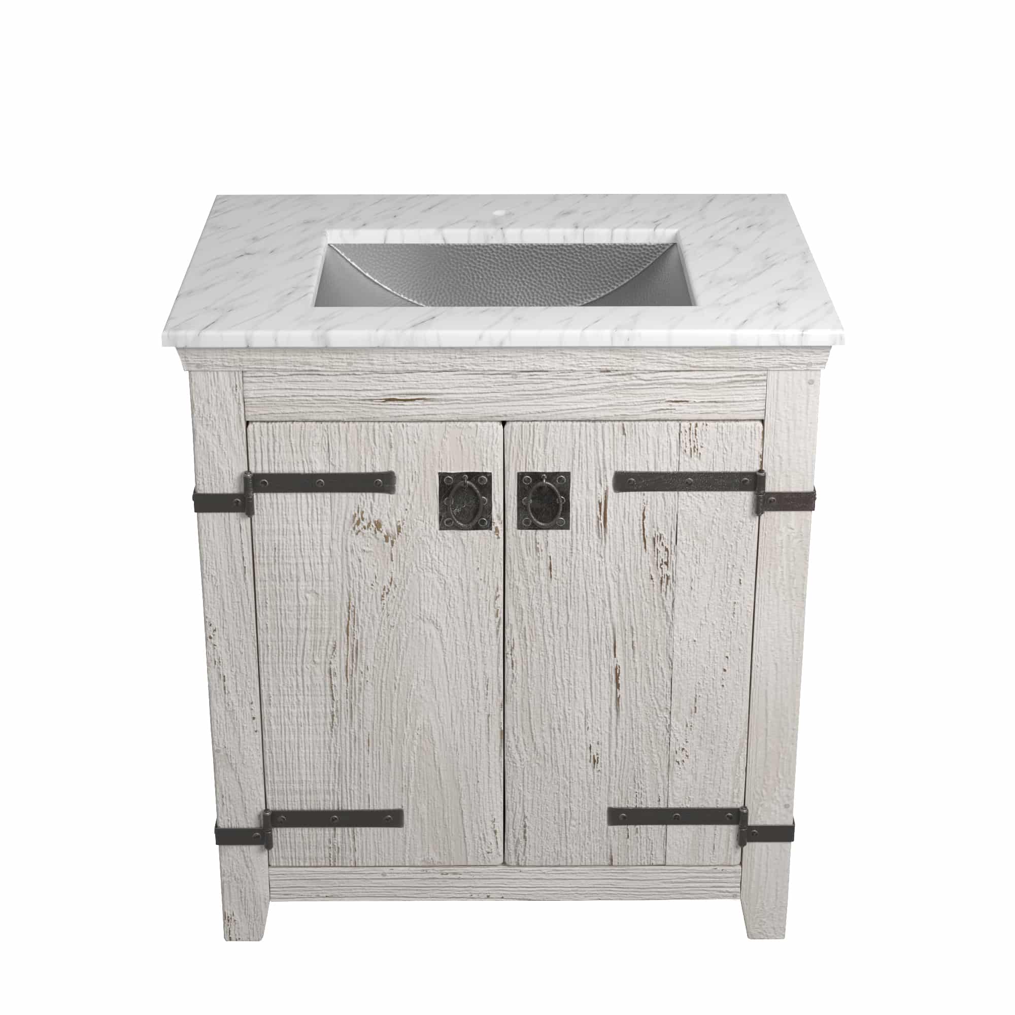 Native Trails 30" Americana Vanity in Whitewash with Carrara Marble Top and Avila in Brushed Nickel, Single Faucet Hole, BND30-VB-CT-CP-017