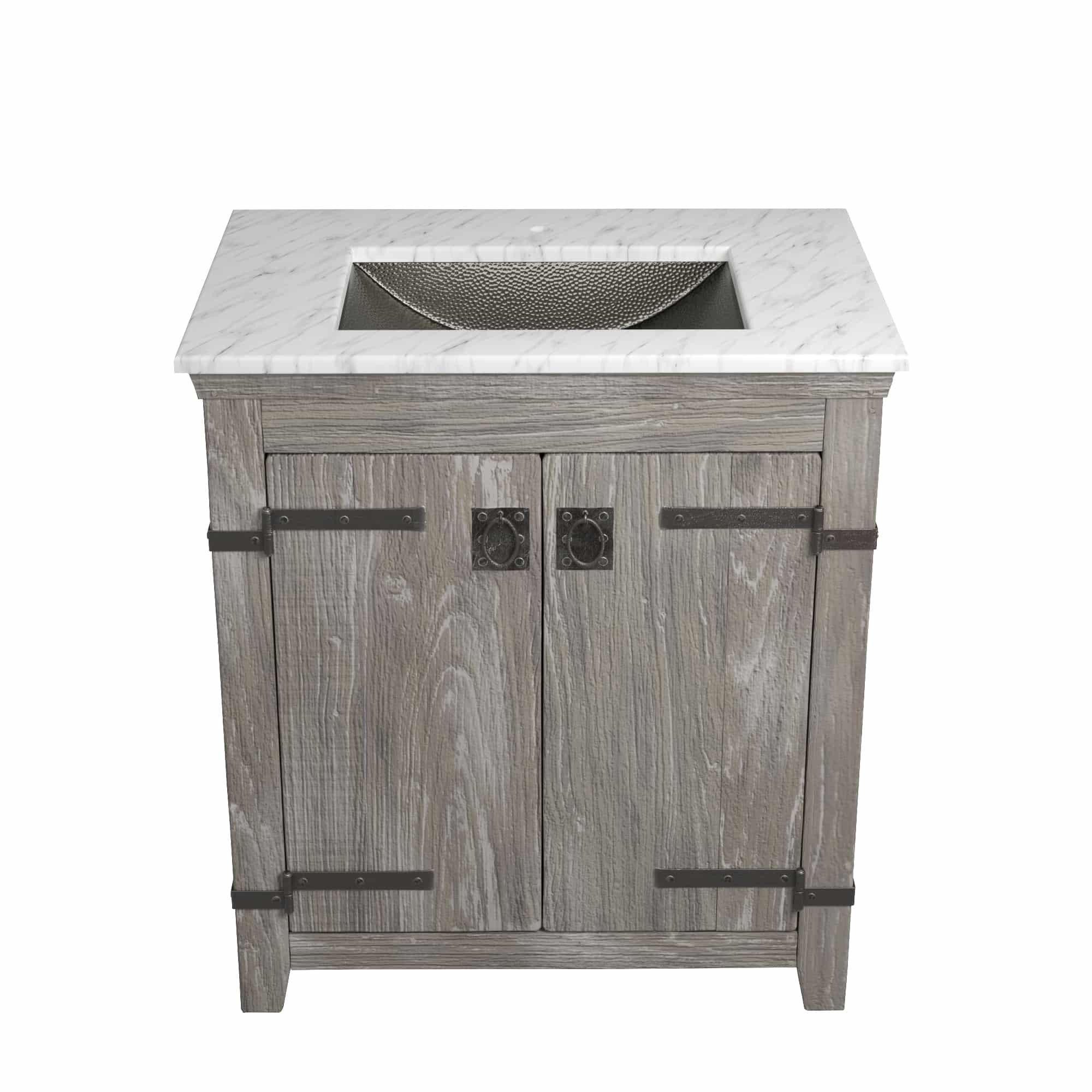 Native Trails 30" Americana Vanity in Driftwood with Carrara Marble Top and Avila in Polished Nickel, Single Faucet Hole, BND30-VB-CT-CP-031