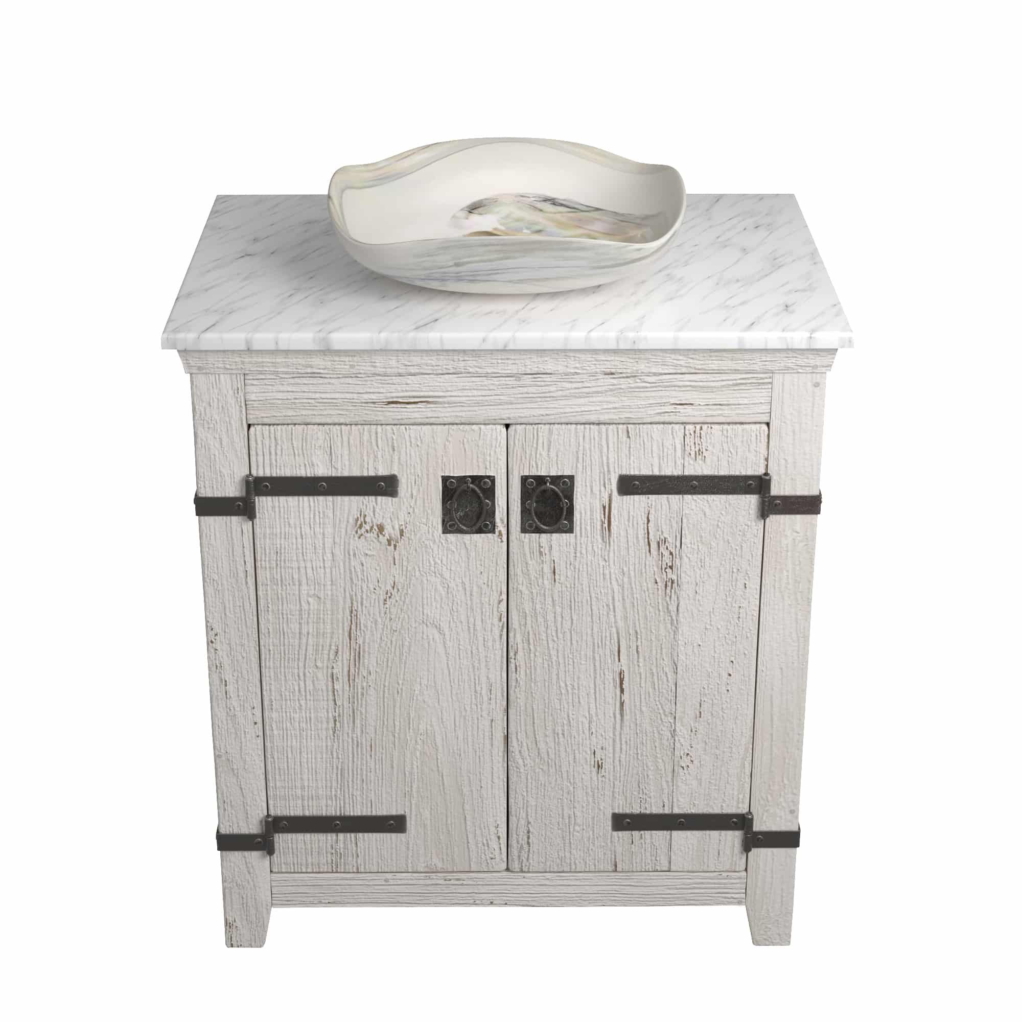 Native Trails 30" Americana Vanity in Whitewash with Carrara Marble Top and Lido in Abalone, Single Faucet Hole, BND30-VB-CT-MG-001