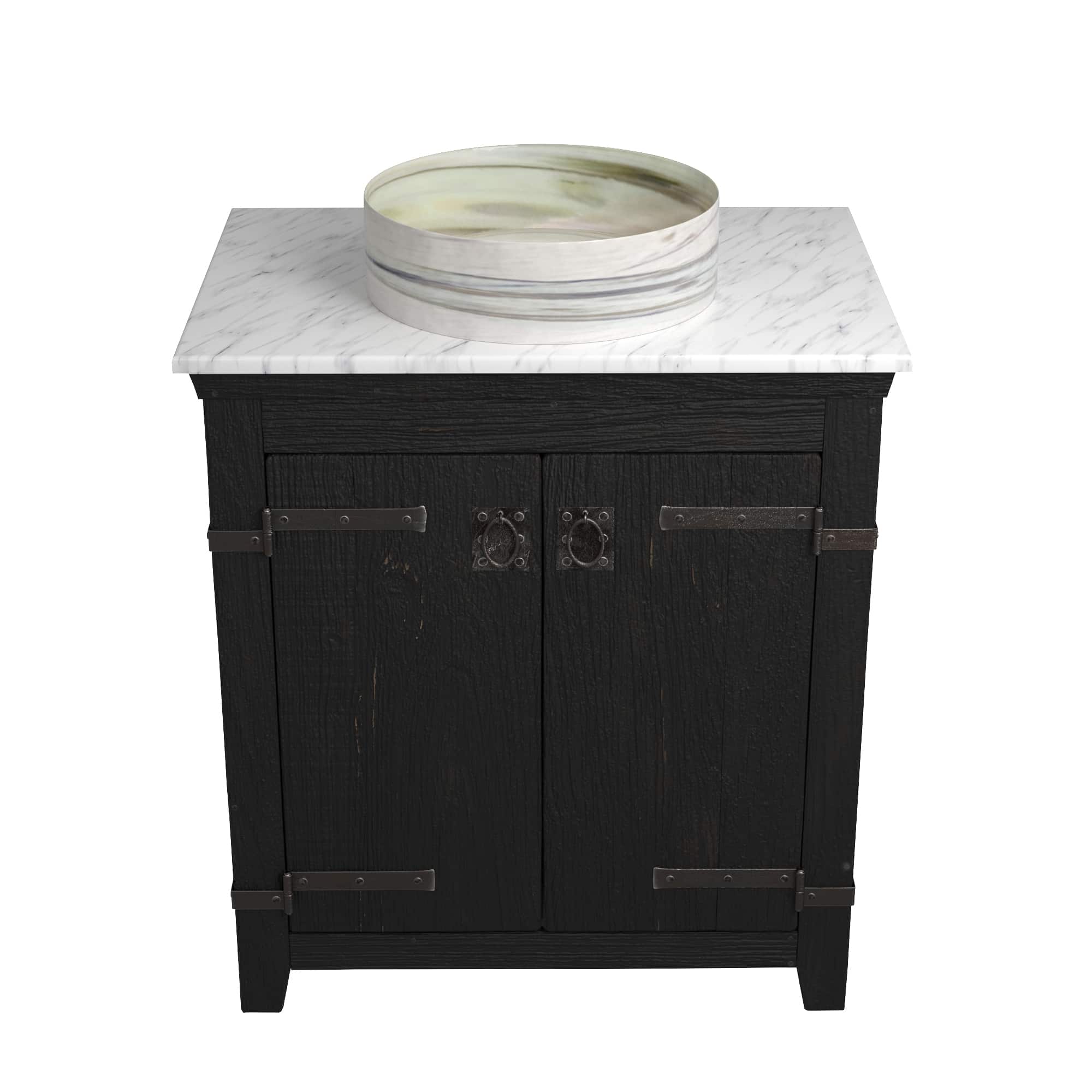 Native Trails 30" Americana Vanity in Anvil with Carrara Marble Top and Positano in Abalone, Single Faucet Hole, BND30-VB-CT-MG-037