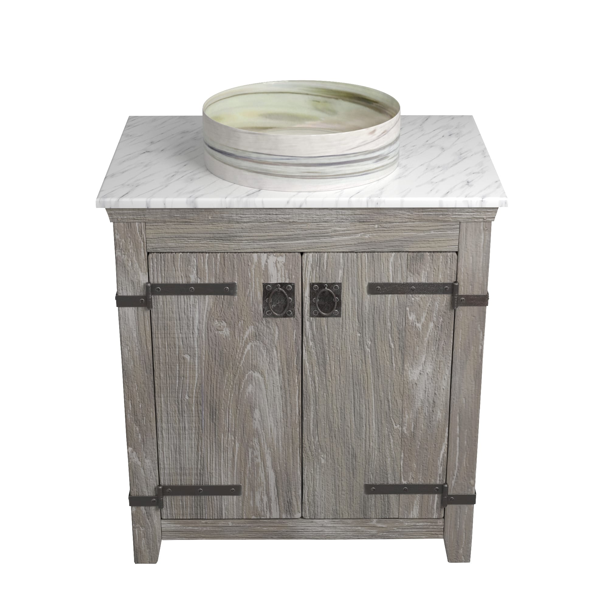 Native Trails 30" Americana Vanity in Driftwood with Carrara Marble Top and Positano in Abalone, No Faucet Hole, BND30-VB-CT-MG-040
