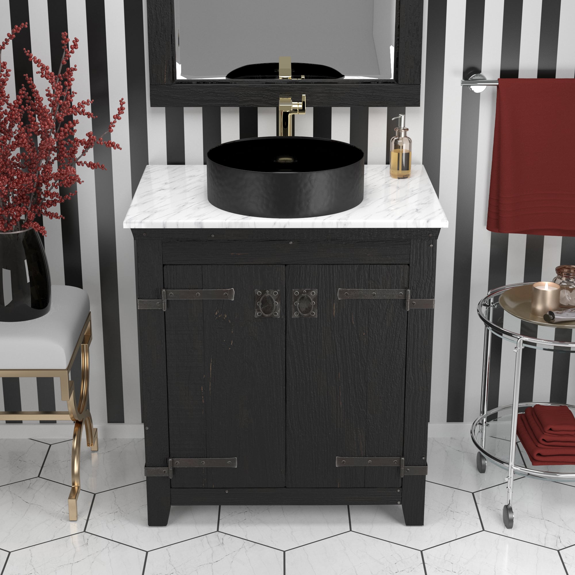 Native Trails 30" Americana Vanity in Anvil with Carrara Marble Top and Positano in Abyss, No Faucet Hole, BND30-VB-CT-MG-046