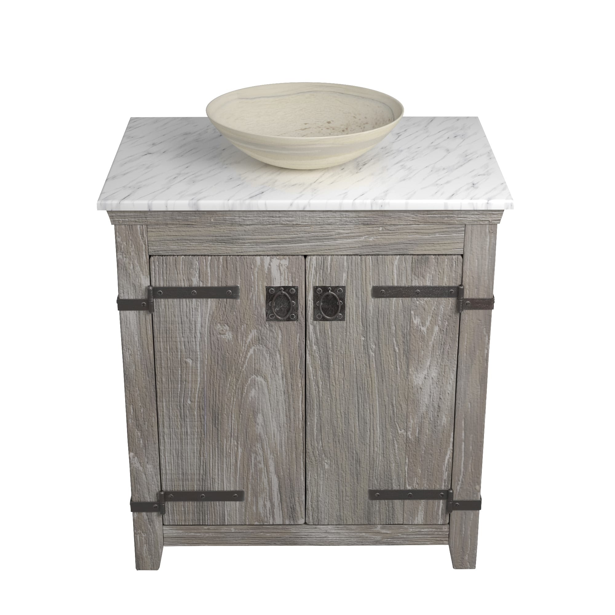 Native Trails 30" Americana Vanity in Driftwood with Carrara Marble Top and Verona in Beachcomber, Single Faucet Hole, BND30-VB-CT-MG-087