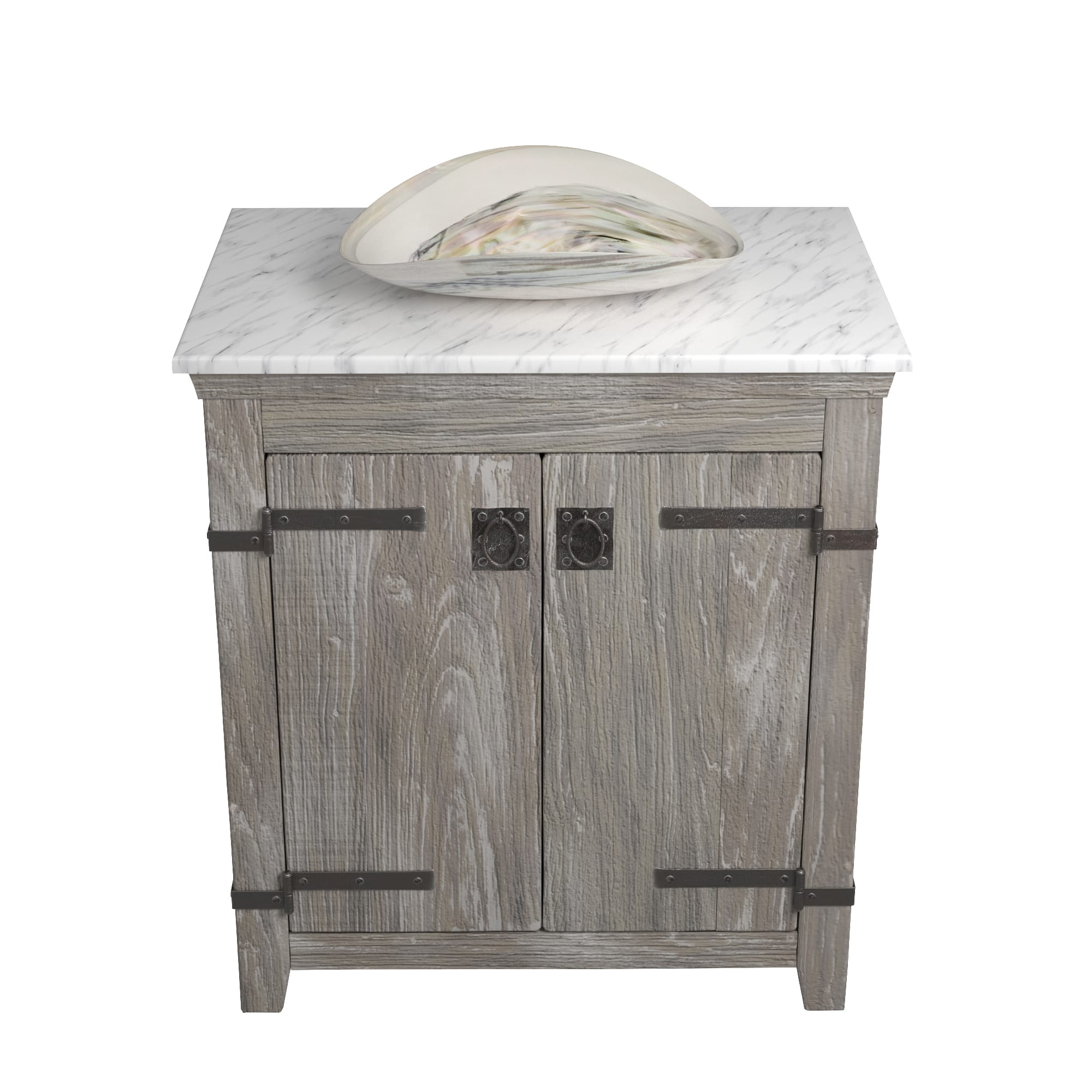Native Trails 30" Americana Vanity in Driftwood with Carrara Marble Top and Sorrento in Abalone, Single Faucet Hole, BND30-VB-CT-MG-095