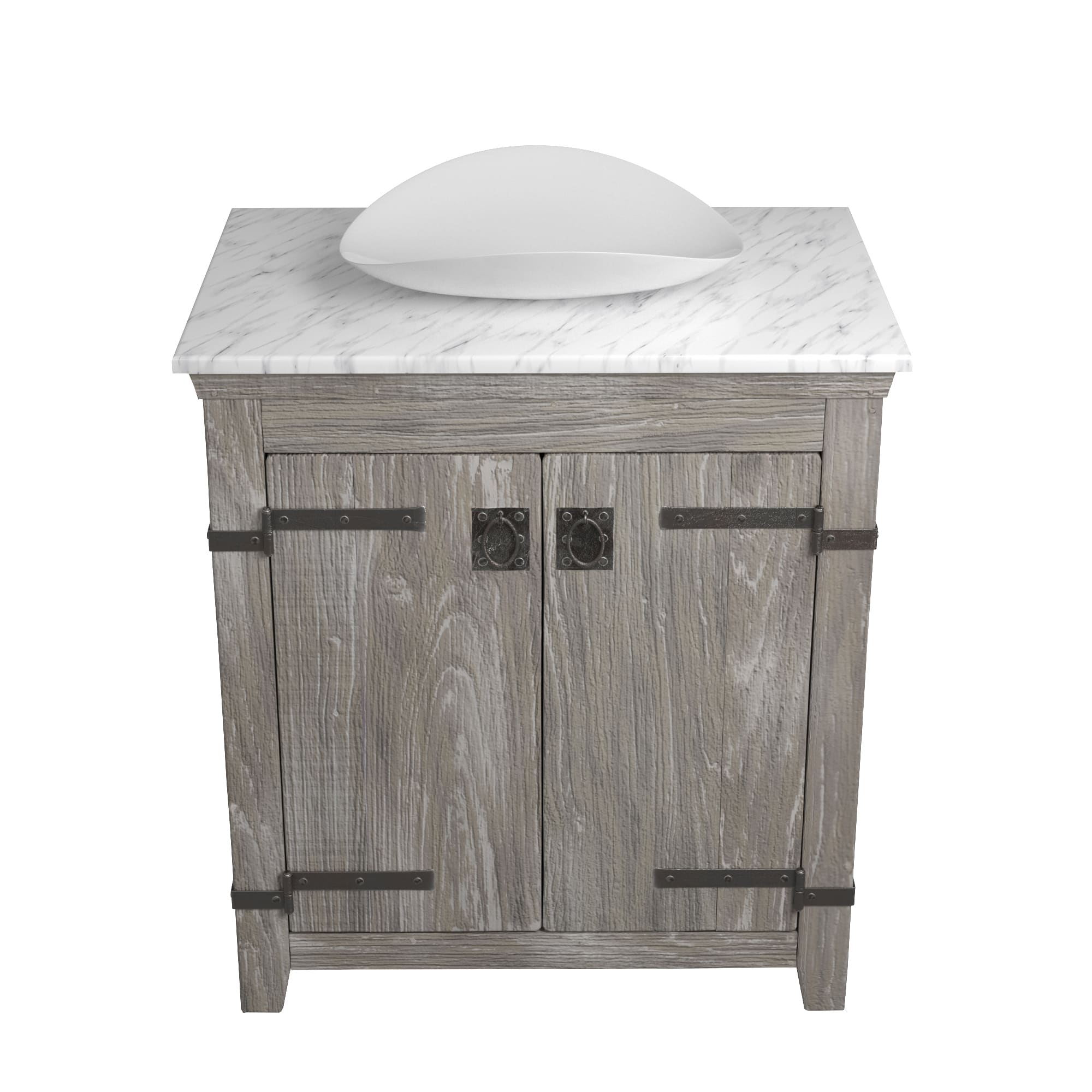 Native Trails 30" Americana Vanity in Driftwood with Carrara Marble Top and Sorrento in Bianco, Single Faucet Hole, BND30-VB-CT-MG-103