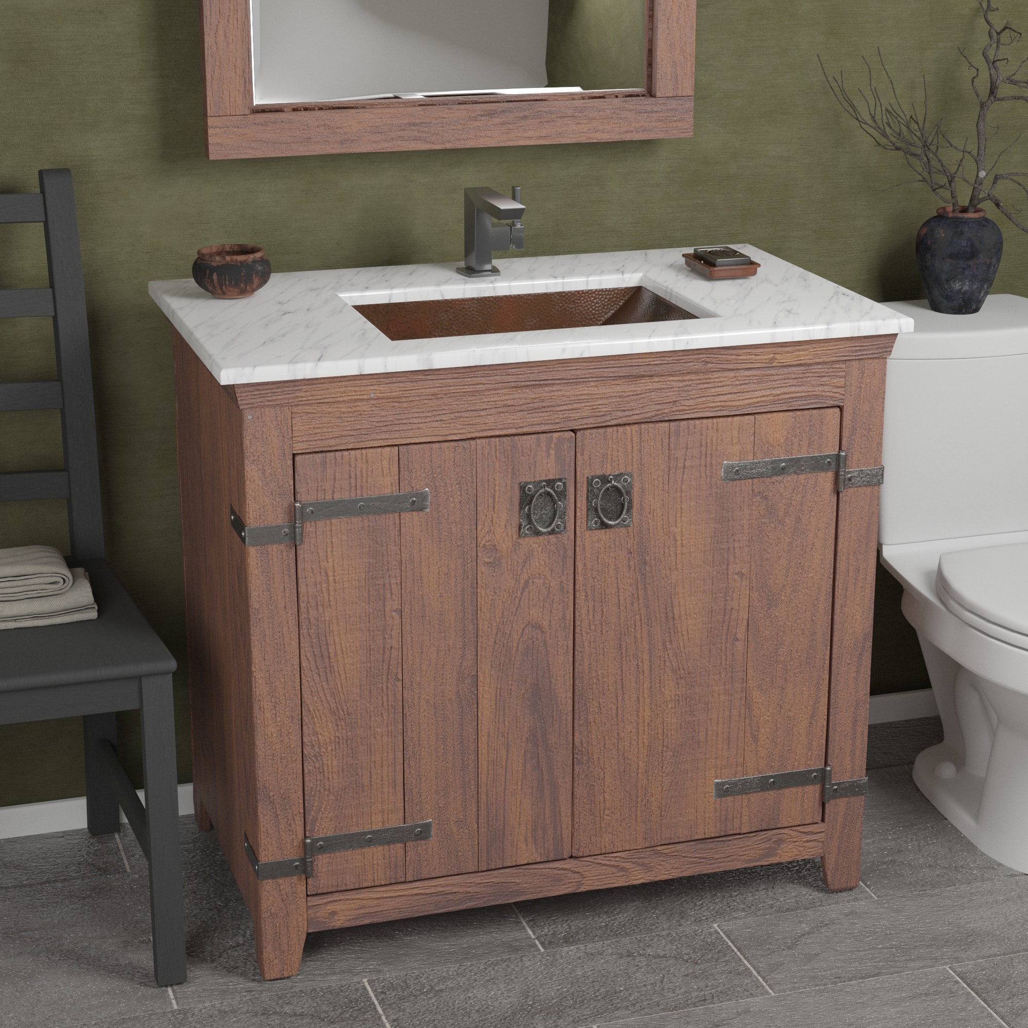 Native Trails 36" Americana Vanity in Chestnut with Carrara Marble Top and Avila in Antique, Single Faucet Hole, BND36-VB-CT-CP-003