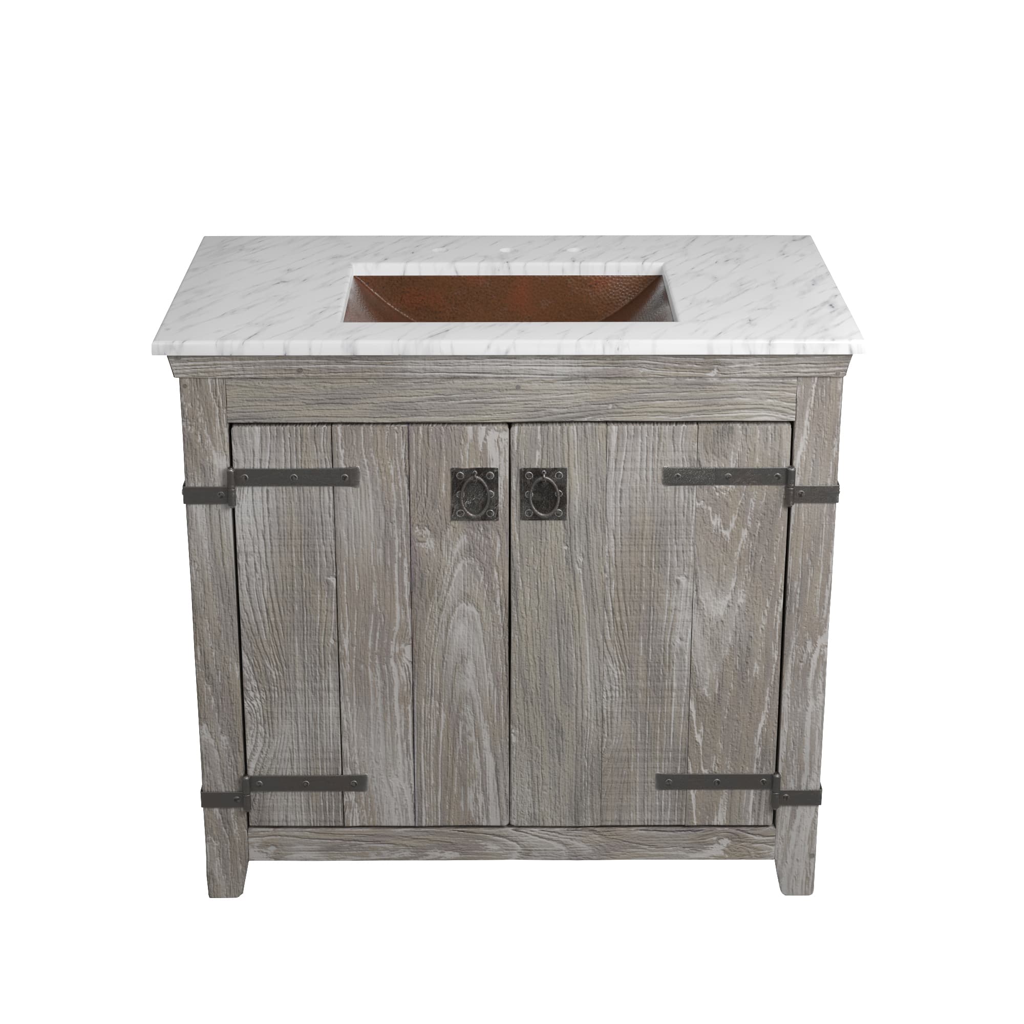 Native Trails 36" Americana Vanity in Driftwood with Carrara Marble Top and Avila in Antique, 8" Widespread Faucet Holes, BND36-VB-CT-CP-008