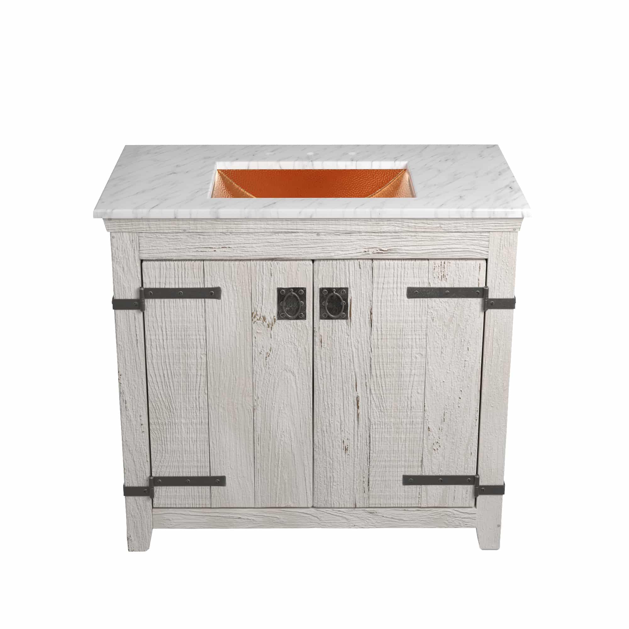 Native Trails 36" Americana Vanity in Whitewash with Carrara Marble Top and Avila in Polished Copper, 8" Widespread Faucet Holes, BND36-VB-CT-CP-010