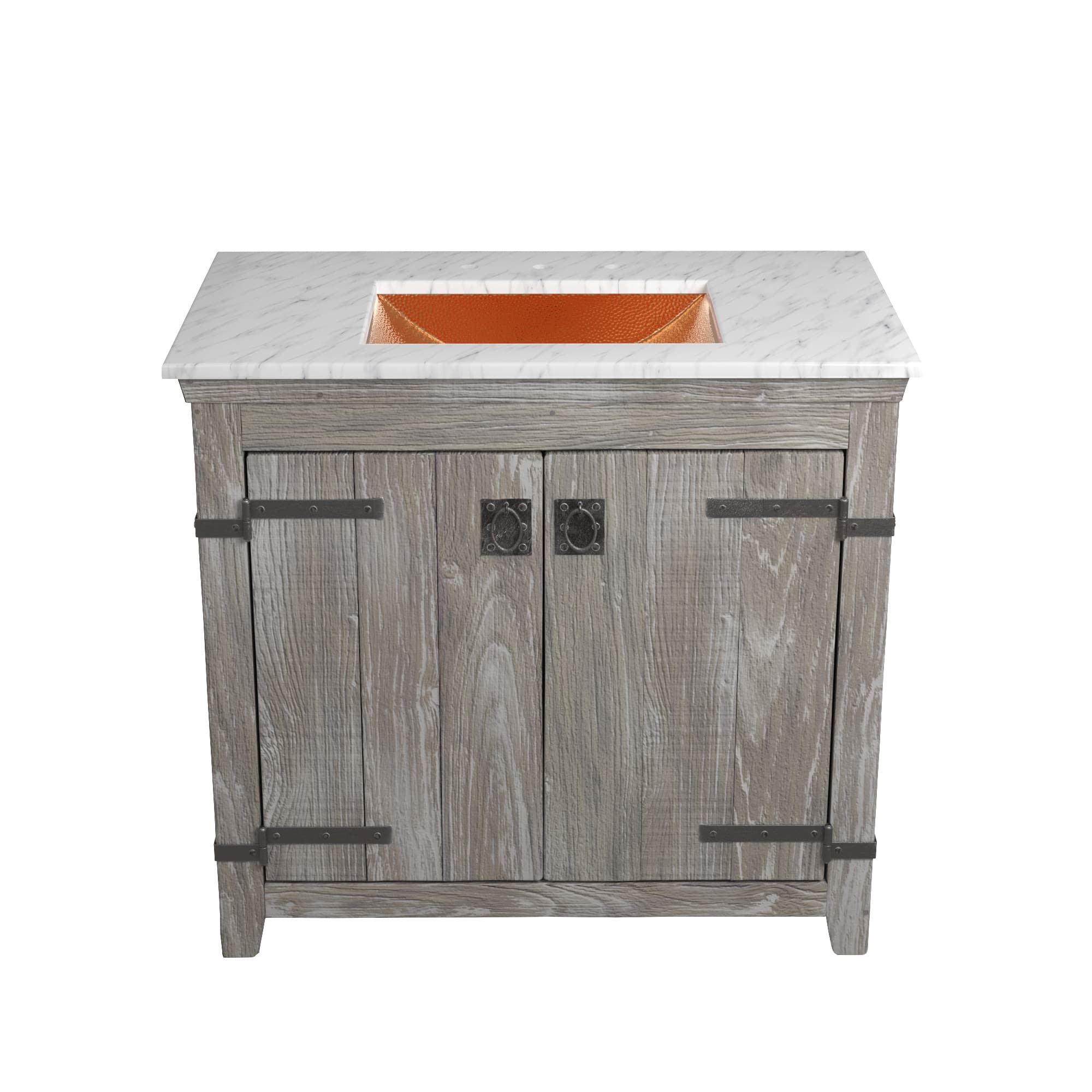 Native Trails 36" Americana Vanity in Driftwood with Carrara Marble Top and Avila in Polished Copper, 8" Widespread Faucet Holes, BND36-VB-CT-CP-016