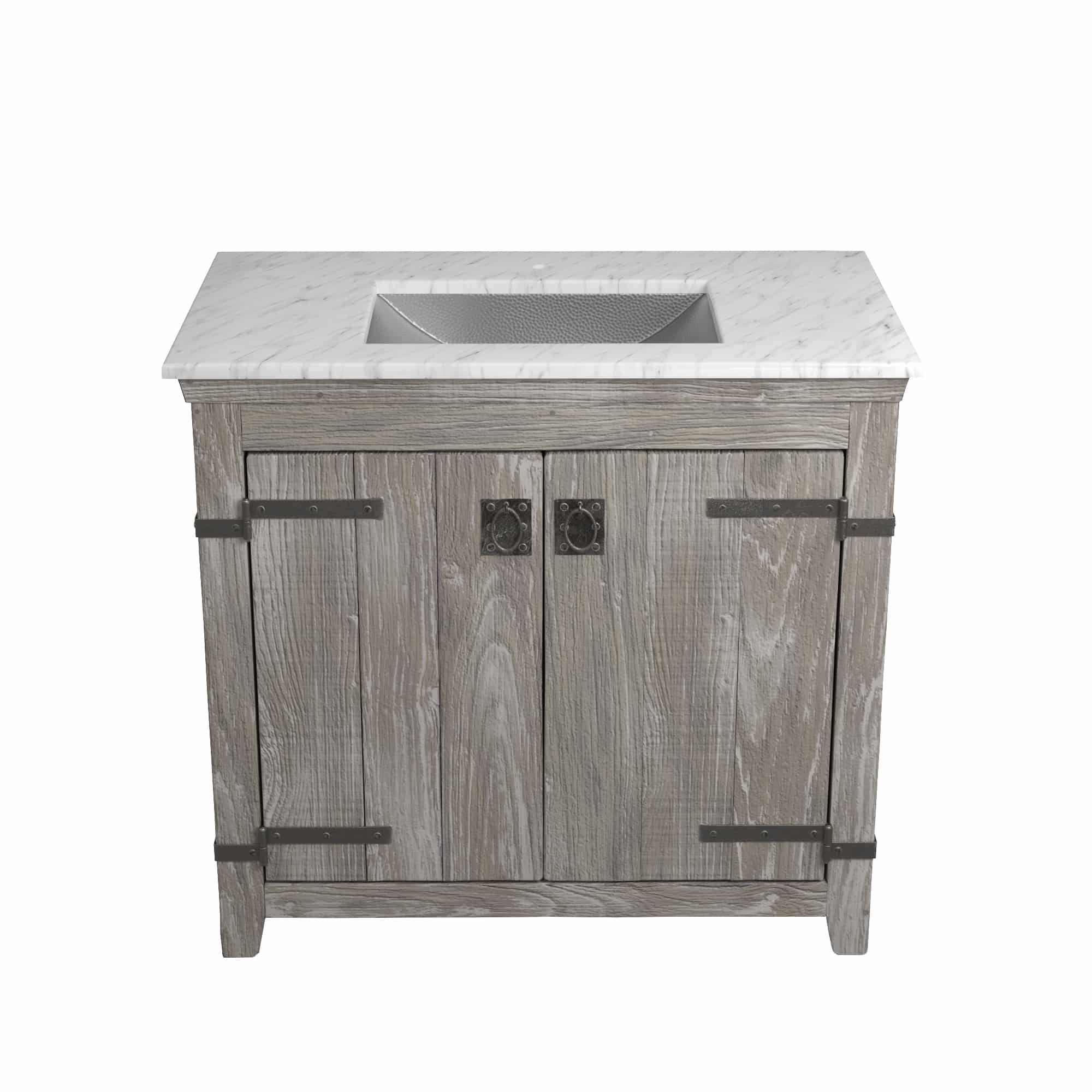Native Trails 36" Americana Vanity in Driftwood with Carrara Marble Top and Avila in Brushed Nickel, Single Faucet Hole, BND36-VB-CT-CP-023