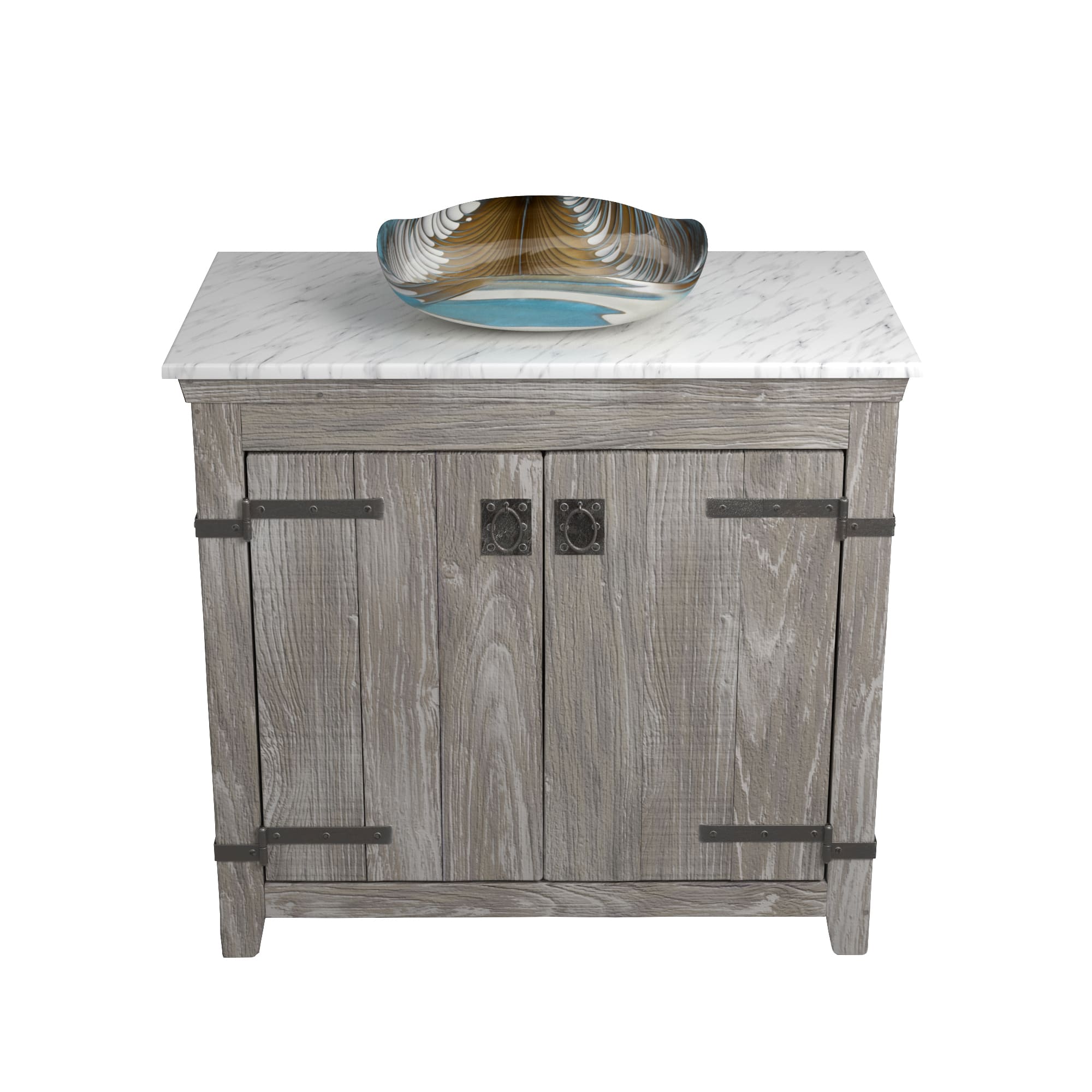 Native Trails 36" Americana Vanity in Driftwood with Carrara Marble Top and Lido in Shoreline, Single Faucet Hole, BND36-VB-CT-MG-031