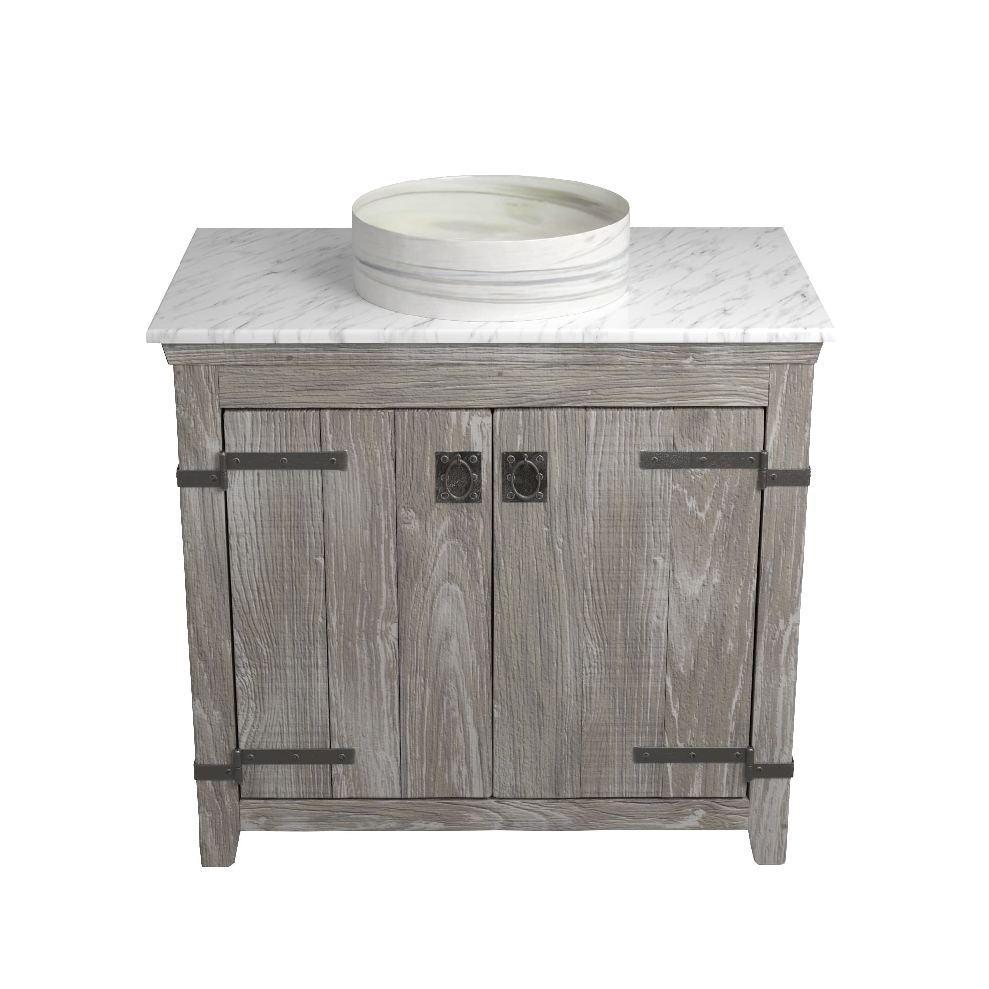 Native Trails 36" Americana Vanity in Driftwood with Carrara Marble Top and Positano in Abalone, No Faucet Hole, BND36-VB-CT-MG-040