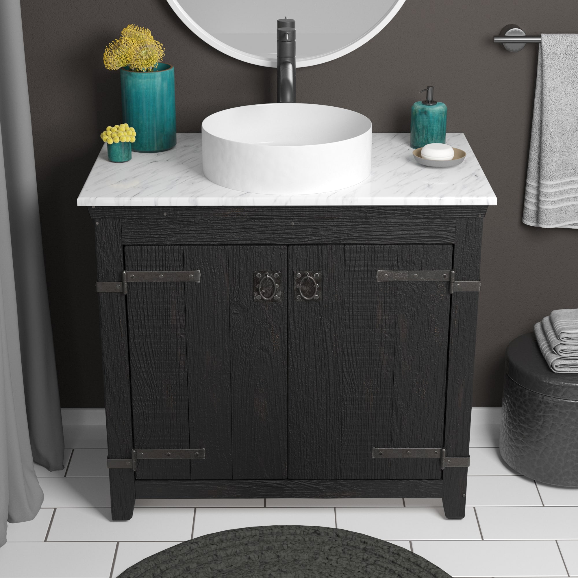 Native Trails 36" Americana Vanity in Anvil with Carrara Marble Top and Positano in Bianco, Single Faucet Hole, BND36-VB-CT-MG-053