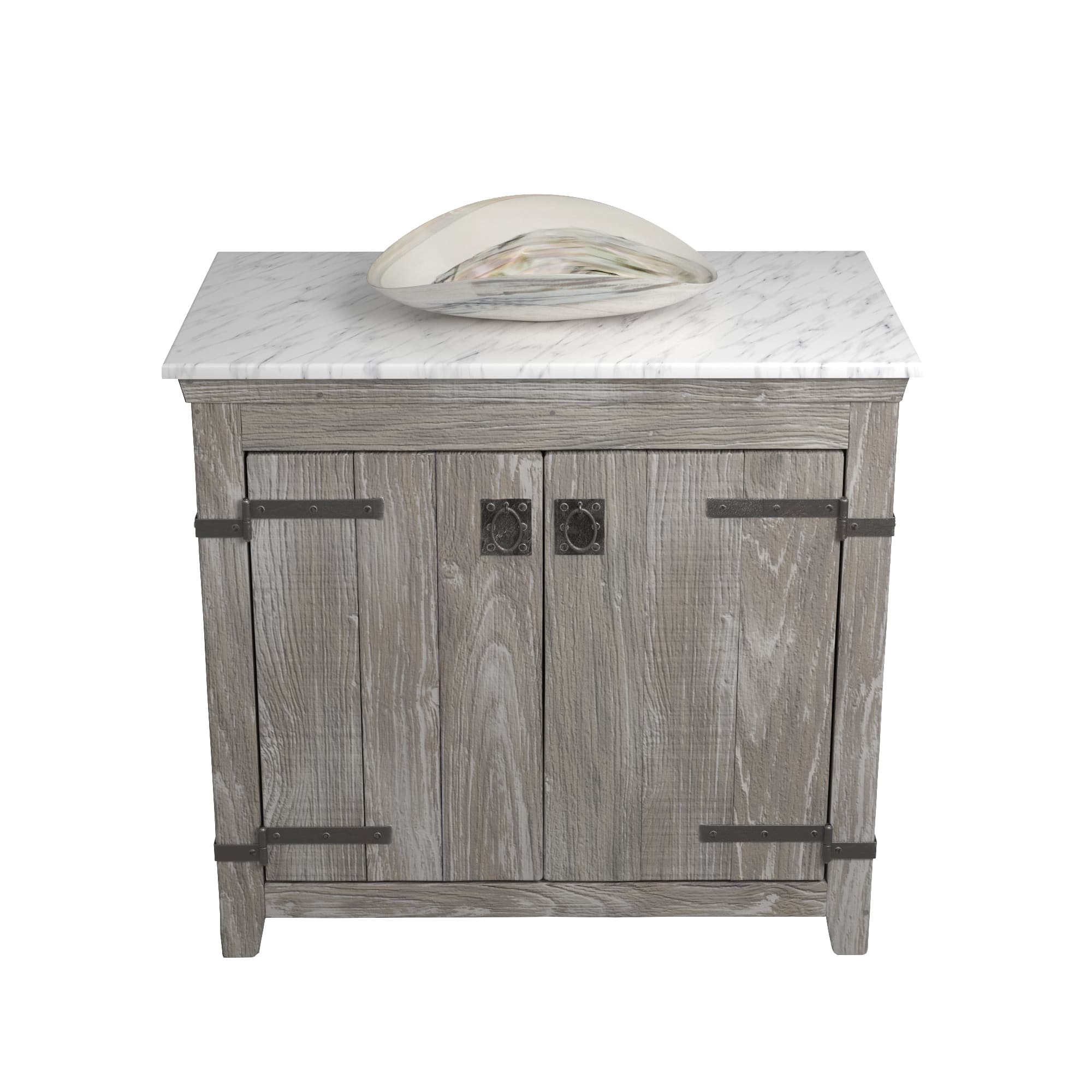 Native Trails 36" Americana Vanity in Driftwood with Carrara Marble Top and Sorrento in Abalone, Single Faucet Hole, BND36-VB-CT-MG-095