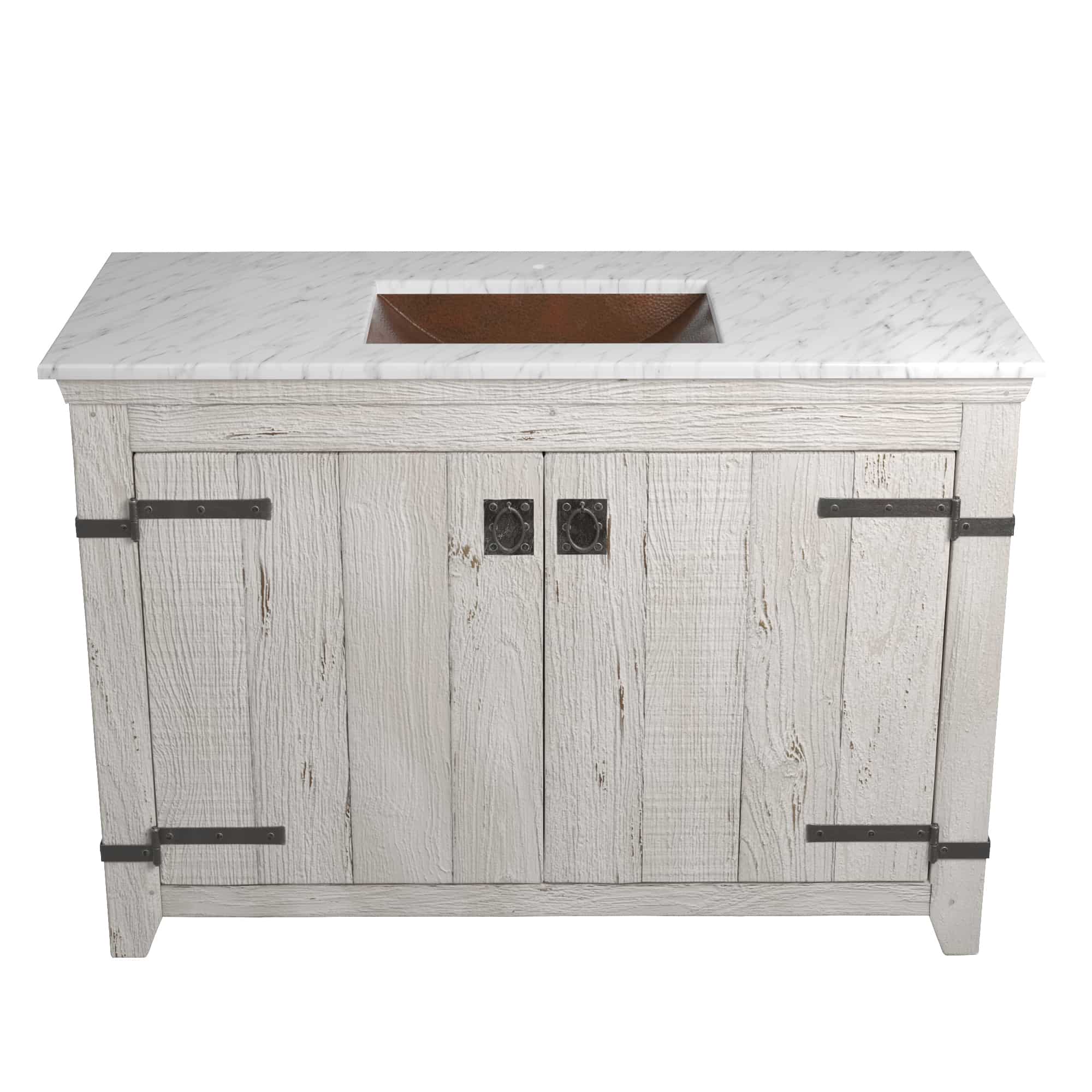 Native Trails 48" Americana Vanity in Whitewash with Carrara Marble Top and Avila in Antique, Single Faucet Hole, BND48-VB-CT-CP-001