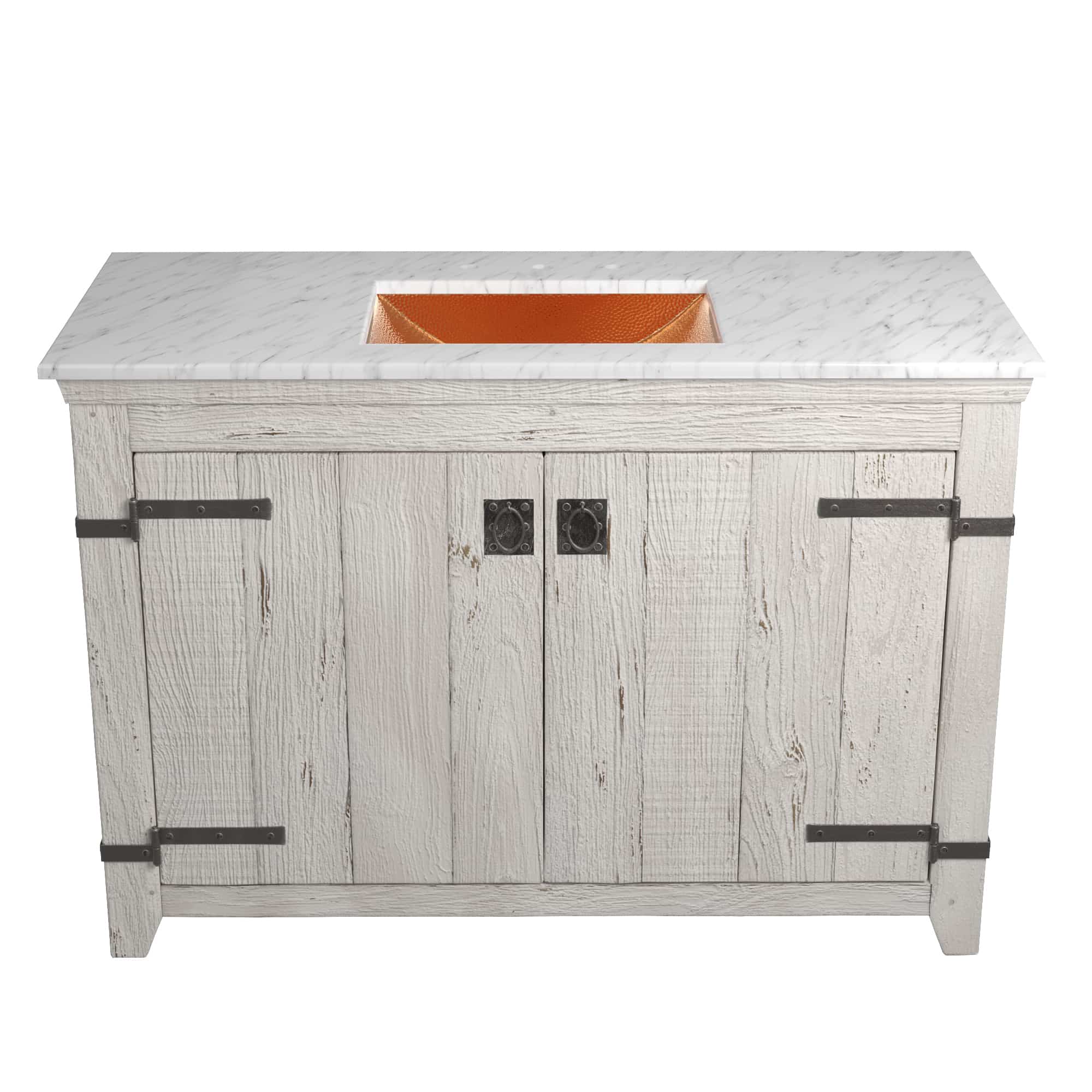 Native Trails 48" Americana Vanity in Whitewash with Carrara Marble Top and Avila in Polished Copper, 8" Widespread Faucet Holes, BND48-VB-CT-CP-010