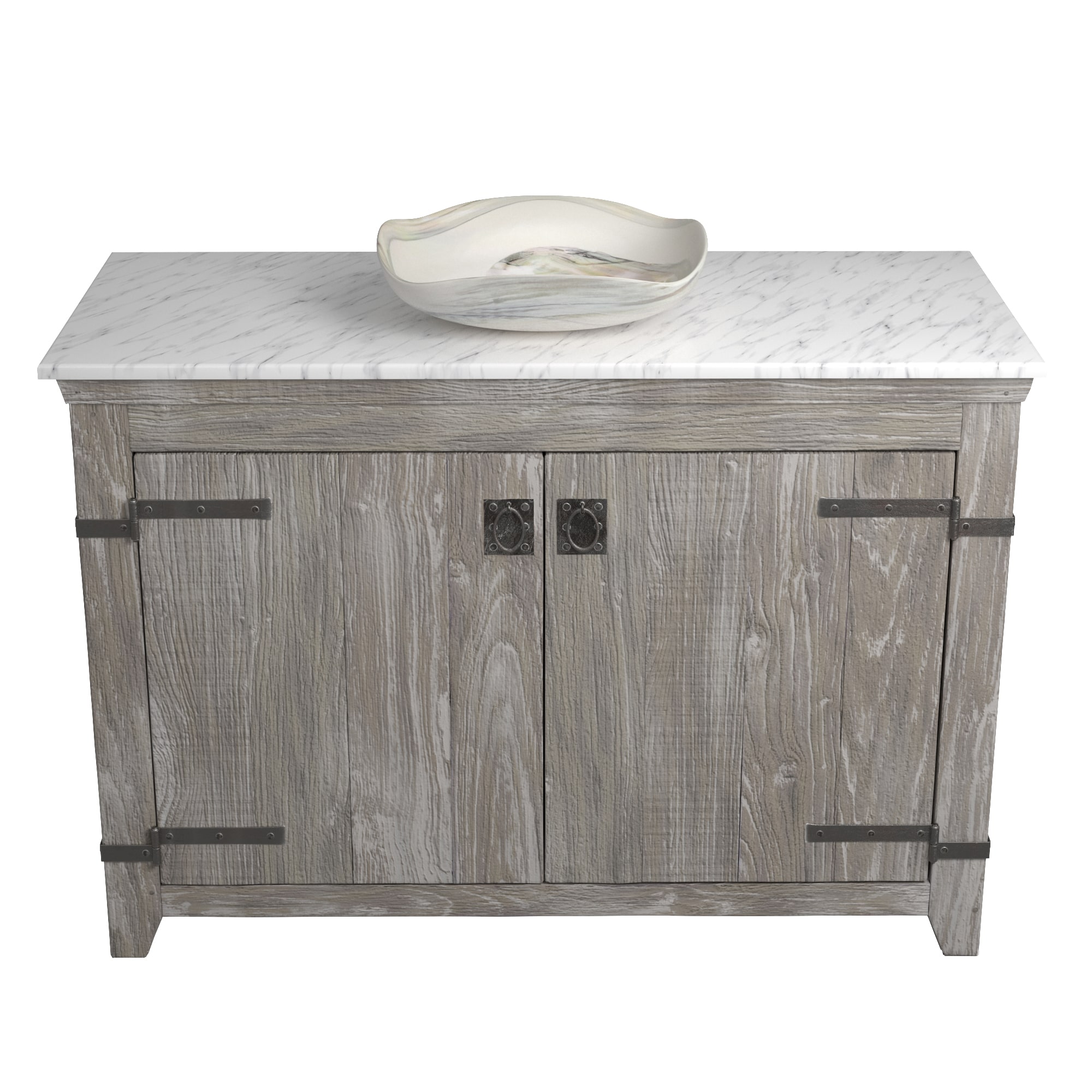 Native Trails 48" Americana Vanity in Driftwood with Carrara Marble Top and Lido in Abalone, Single Faucet Hole, BND48-VB-CT-MG-007