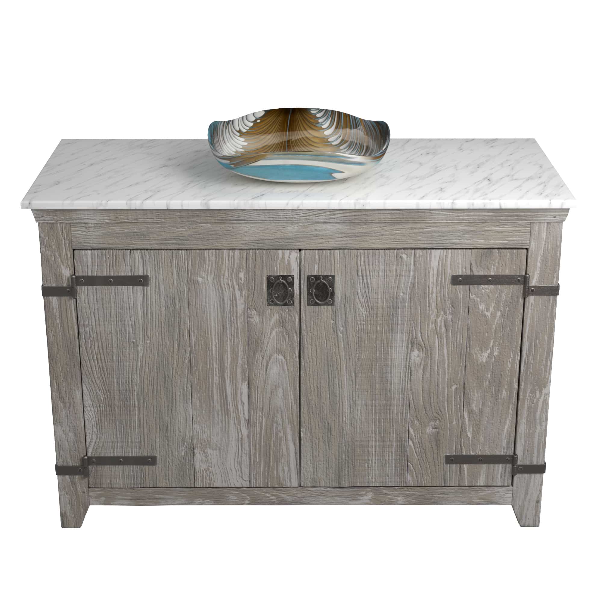 Native Trails 48" Americana Vanity in Driftwood with Carrara Marble Top and Lido in Shoreline, Single Faucet Hole, BND48-VB-CT-MG-031