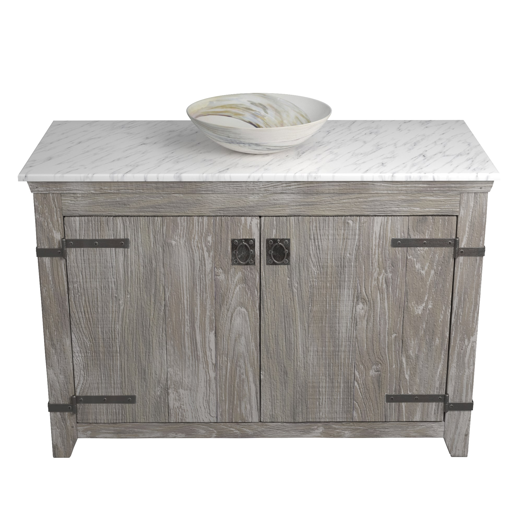 Native Trails 48" Americana Vanity in Driftwood with Carrara Marble Top and Verona in Abalone, Single Faucet Hole, BND48-VB-CT-MG-063