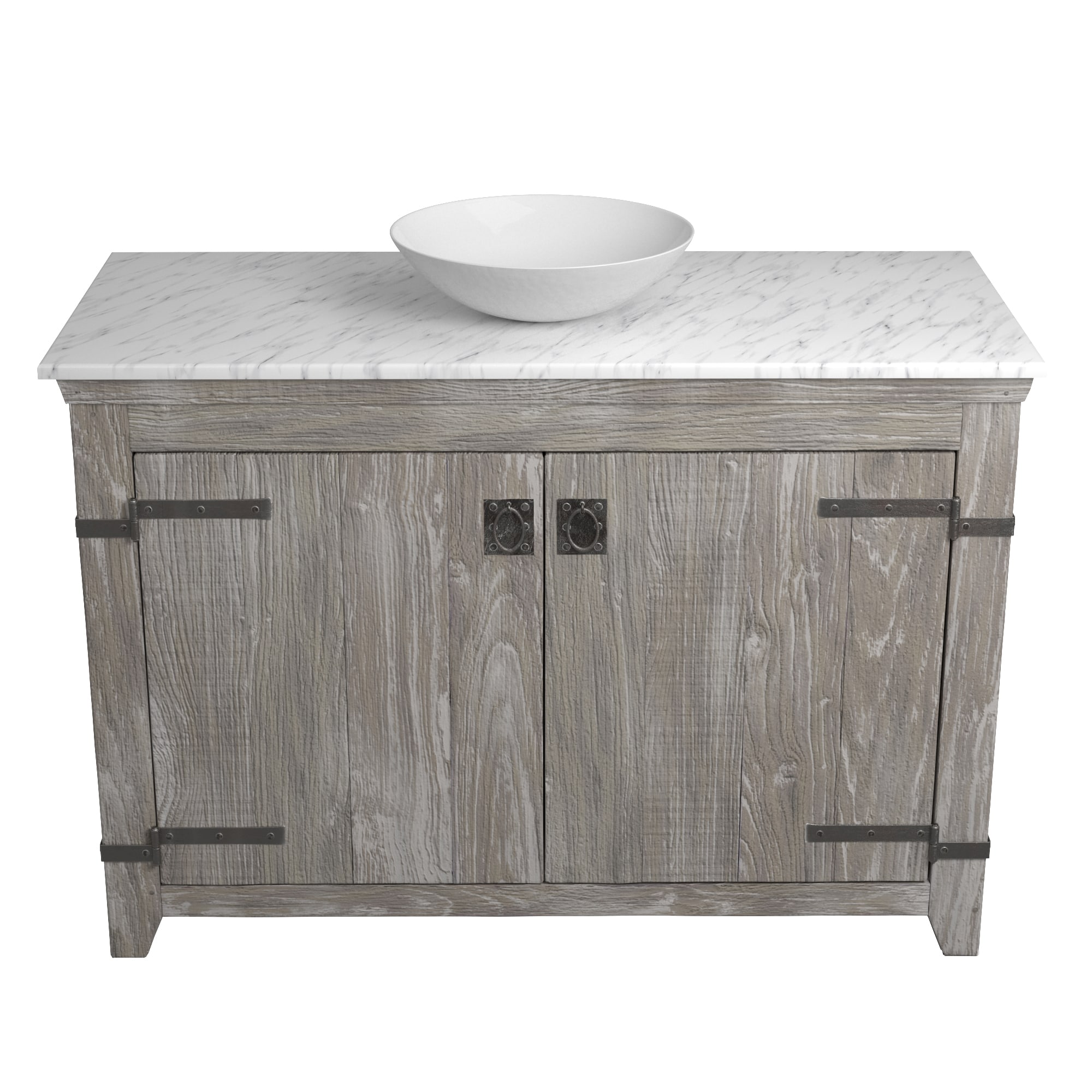 Native Trails 48" Americana Vanity in Driftwood with Carrara Marble Top and Verona in Bianco, Single Faucet Hole, BND48-VB-CT-MG-079